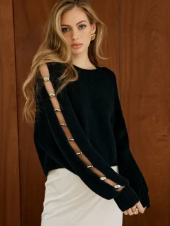 Elegant Metal-Detail Cutout Sweater