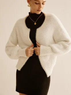 Elegant Pearl Trim Fuzzy Cardiagn