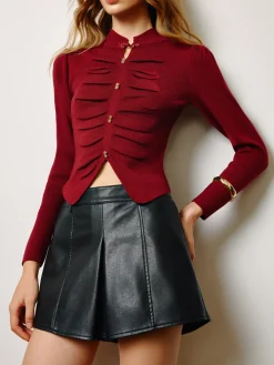 Elegant Pleated Slit Slim Blouse