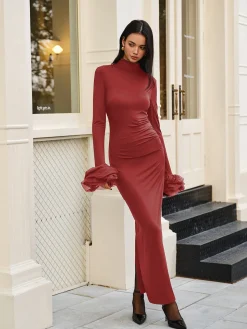 Elegant Ruffle Split Jersey Long Dress