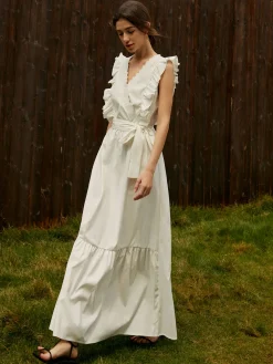 Elegant Ruffle Trim Belted Long Dress