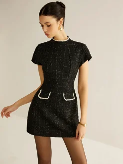 Elegant Short Sleeve Tweed Dress