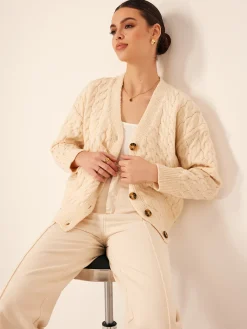Elegant V-Neck Ribbed Cable Cardigan