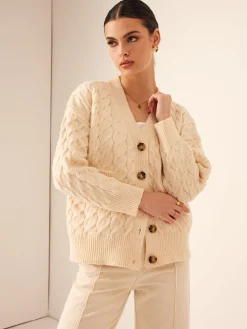 Elegant V-Neck Ribbed Cable Cardigan
