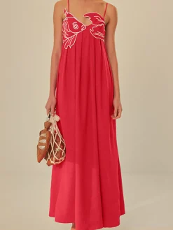 Embroidered Fish Spaghetti Strap Midi Dress
