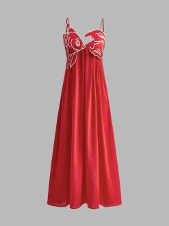 Embroidered Fish Spaghetti Strap Midi Dress