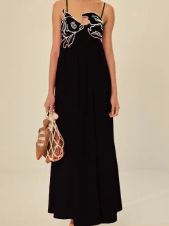 Embroidered Fish Spaghetti Strap Midi Dress