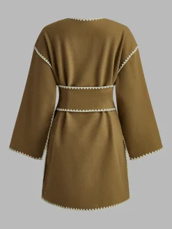 Embroidered Piping Wide Belted Coat