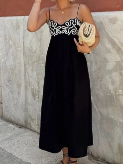 Embroidered Shirred Spaghetti Strap Long Dress