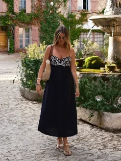 Embroidered Shirred Spaghetti Strap Long Dress