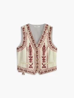 Embroidered Sleeveless Belted Back Vest