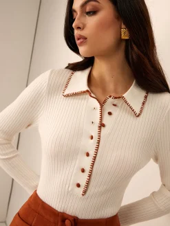 Embroidered Trim Button Lapel Knit Top