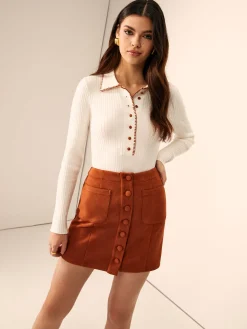Embroidered Trim Button Lapel Knit Top