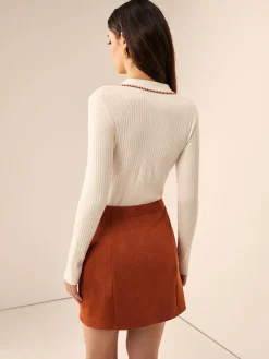 Embroidered Trim Button Lapel Knit Top