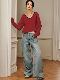 Embroidered Trim Draped Shoulder Knit Top