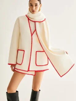 Embroidered Trim Tweed Coat With Scarf