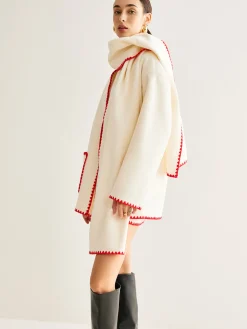 Embroidered Trim Tweed Coat With Scarf