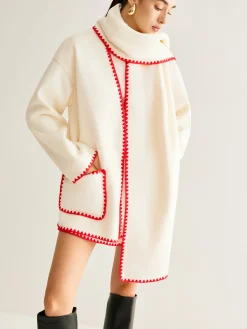 Embroidered Trim Tweed Coat With Scarf