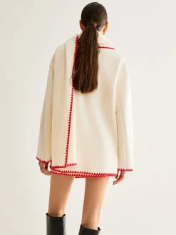 Embroidered Trim Tweed Coat With Scarf