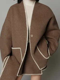 Embroidered Trim Tweed Coat With Scarf