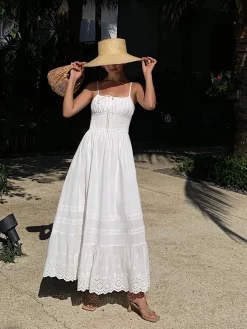 Embroidery Shift Shirred Long Dress
