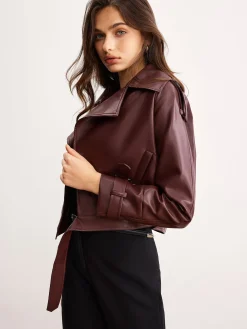 Faux Leather Belted Short Jacket