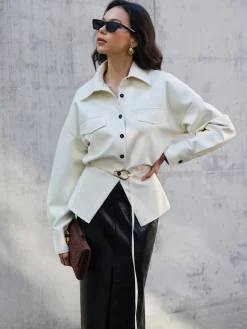 Faux Leather Button Polo Shirt Without Belt