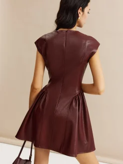 Faux Leather Panel Pleated Dress
