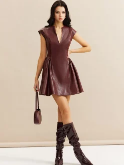 Faux Leather Panel Pleated Dress