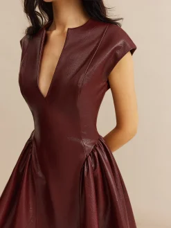 Faux Leather Panel Pleated Dress