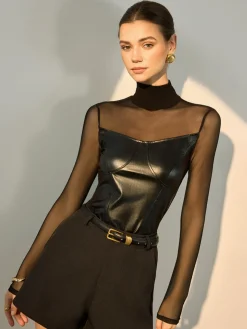 Faux Leather Panel Sheer Blouse