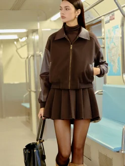 Faux Leather Panel Tweed Short Jacket