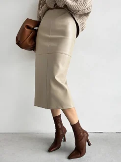 Faux Leather Piping Sit Midi Skirt