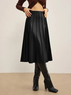 Faux Leather Pleated Midi Skirt