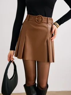 Faux Leather Pleated Skirt With Belt