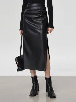 Faux Leather Ruched Slit Midi Skirt