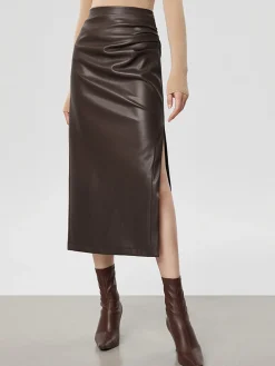 Faux Leather Ruched Slit Midi Skirt