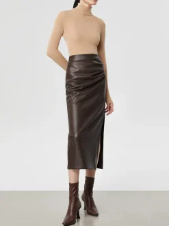 Faux Leather Ruched Slit Midi Skirt