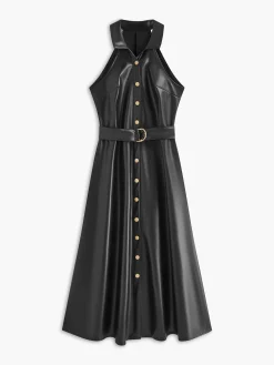 Faux Leather Sleeveless Belted Dress