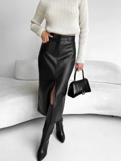 Faux Leather Slit Midi Skirt