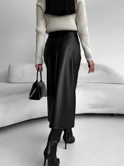 Faux Leather Slit Midi Skirt