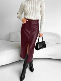 Faux Leather Slit Midi Skirt
