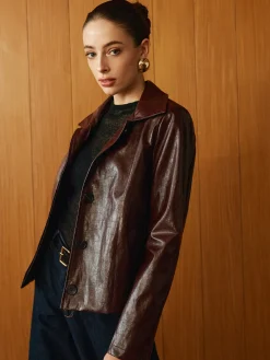 Faux Leather Zipper Short Polo Jacket