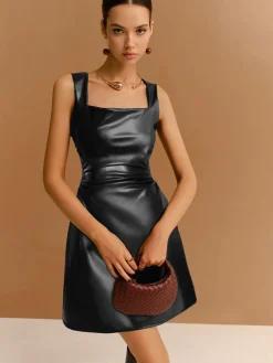Faux Leather Zipper Strappy Dress