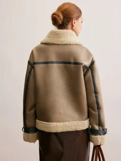 Faux Leather Zipper Teddy Coat