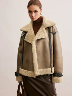 Faux Leather Zipper Teddy Coat