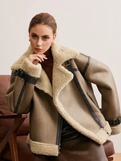 Faux Leather Zipper Teddy Coat