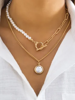 Faux Pearl Disc Pendant Necklace