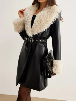 Feather Collar Faux Leather Jacket Without Belt