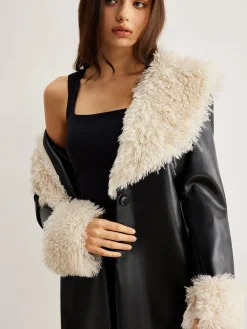 Feather Collar Faux Leather Jacket Without Belt